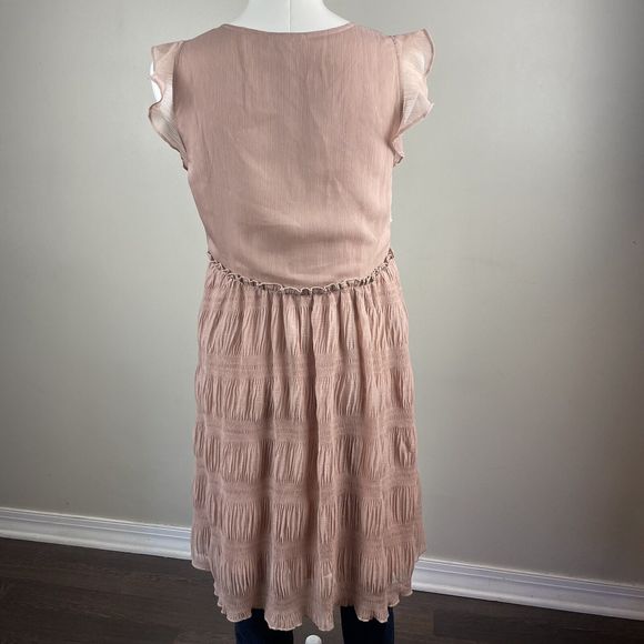 Mystree Size Small Taupe Ruffle Embroidered Dress Midi Boho Fairy - Picture 7 of 12